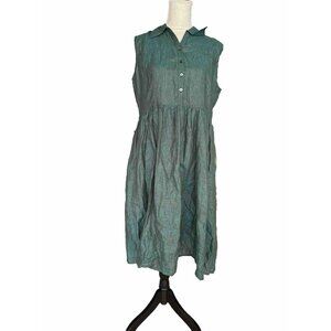 Linen Blend Green Loose Fit  Sleeveless Button Front Pleated Dress No Size Tag